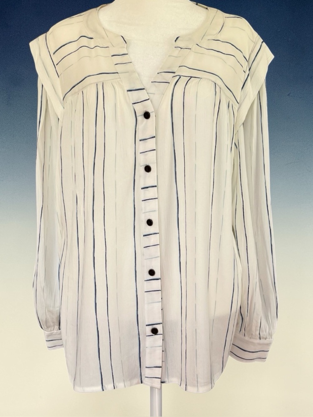 NWT Long Sleeve Button Down Top White w/Light & Dark Blue Stripes Sz L